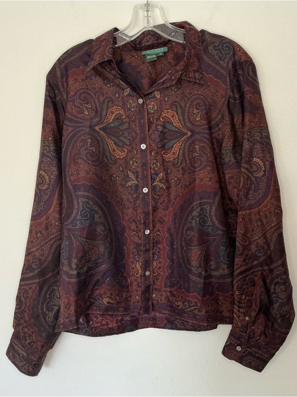 Lauren Ralph Lauren 100% Silk Paisley Button Front Blouse Burgundy Multi Sz 14